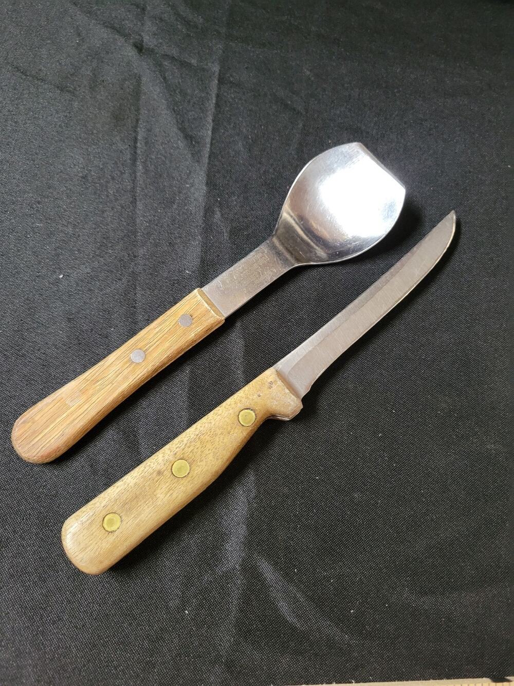 Vintage ice cream spade spoon scoop Wood handle advertising And Knife